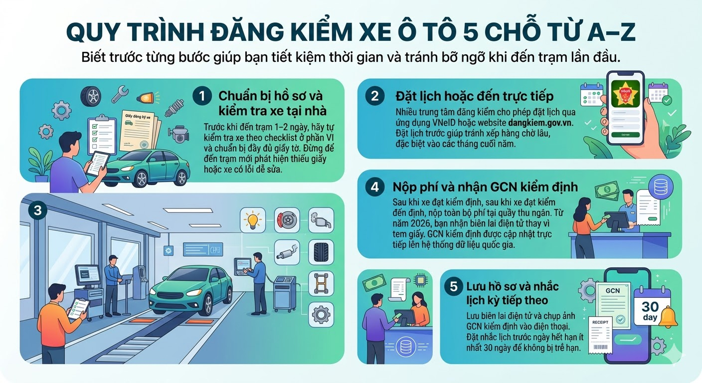 quy trình đăng kiểm xe ô tô 5 chổ